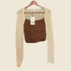 Zara Crochet Sweater Tan & Brown 2-Toned Long Sleeve Size M NWT